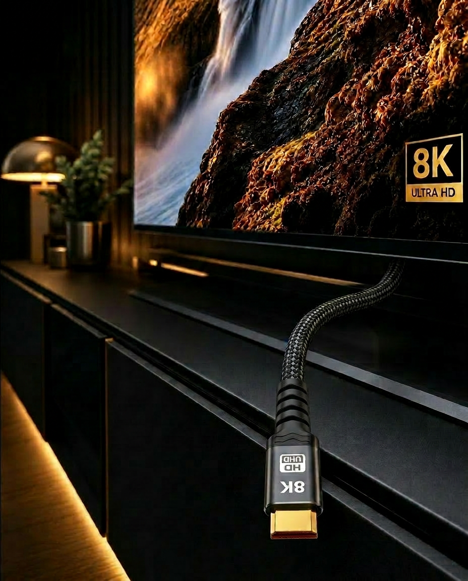 Premium 8K HDMI cable in a sleek home entertainment setup with a large-screen TV displaying vivid 8K content